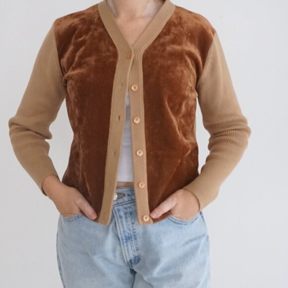 Vintage Quick Reflex Tan Brown Knit Velvet-Like Button Up Cardigan Sweater M - Picture 1 of 10